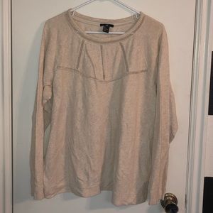 H&M tan sweatshirt, open knit pattern on chest